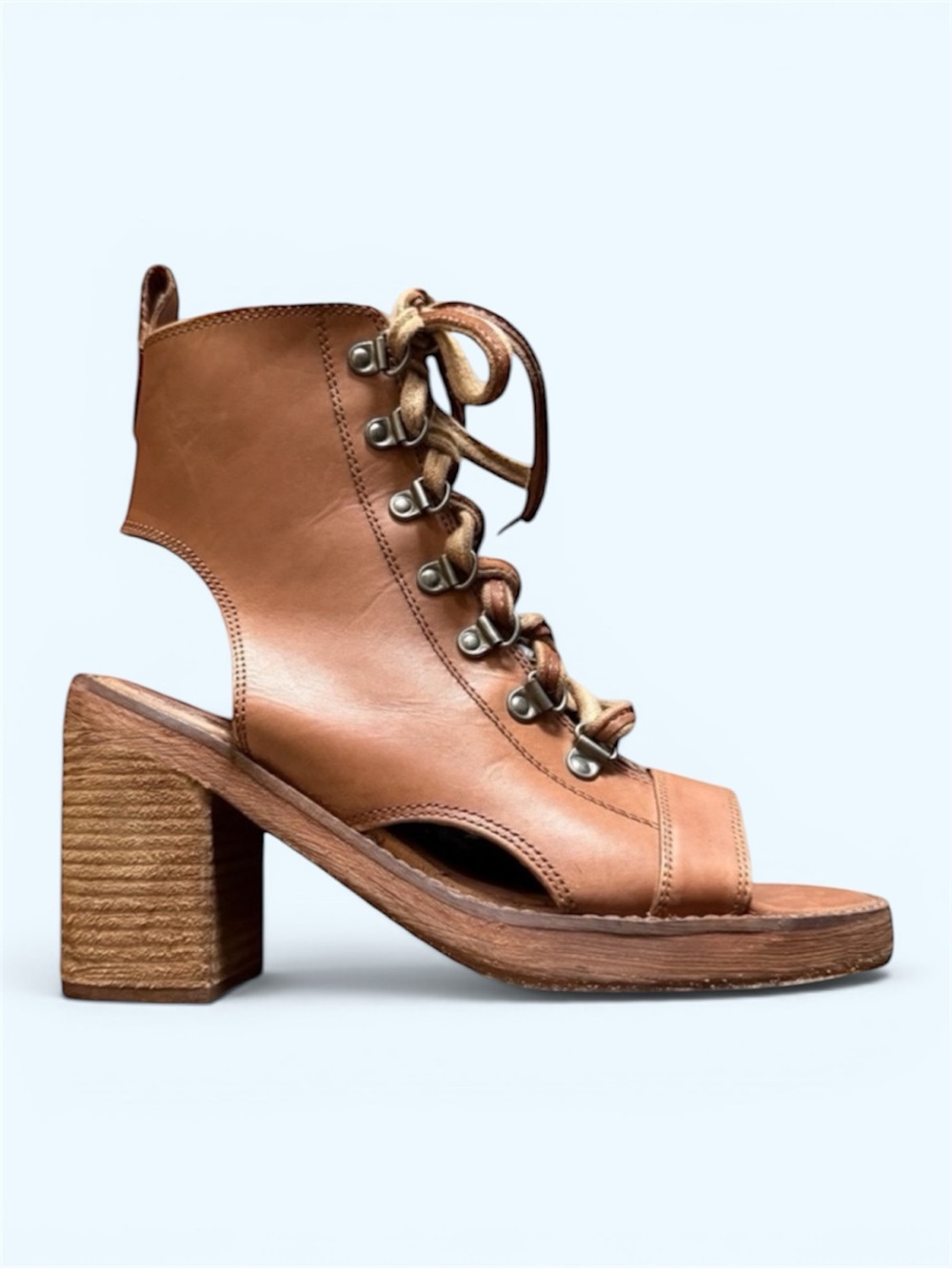 VINTAGE FOUNDRY CO. Women's Tan Leather Lace-Up Heeled Sandals • Size 6.5 Women